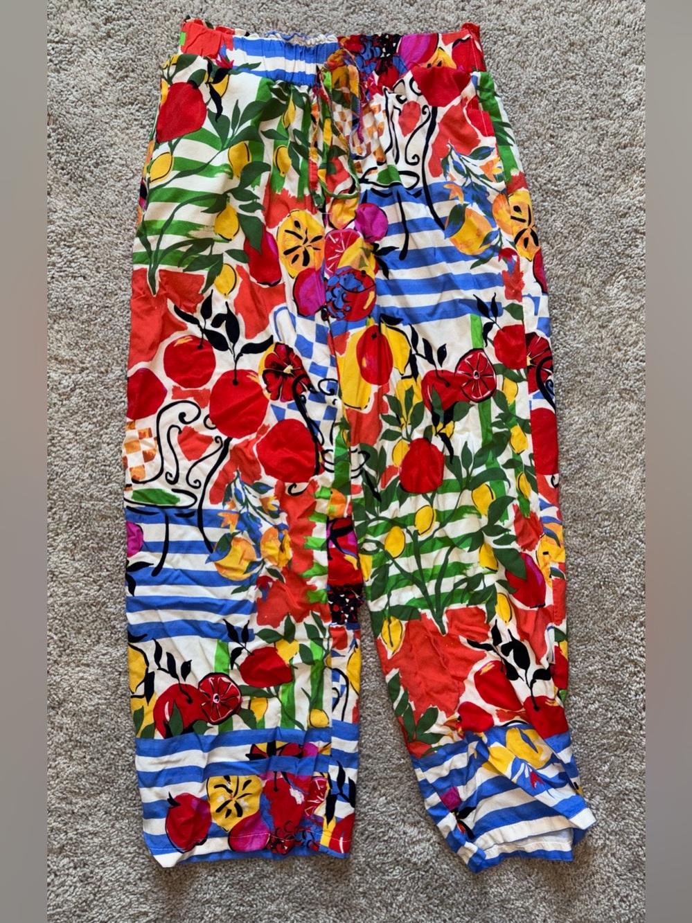 Fusionista Vibrant Fruit Print & Striped Wide Leg Pants - Medium Mediterranean